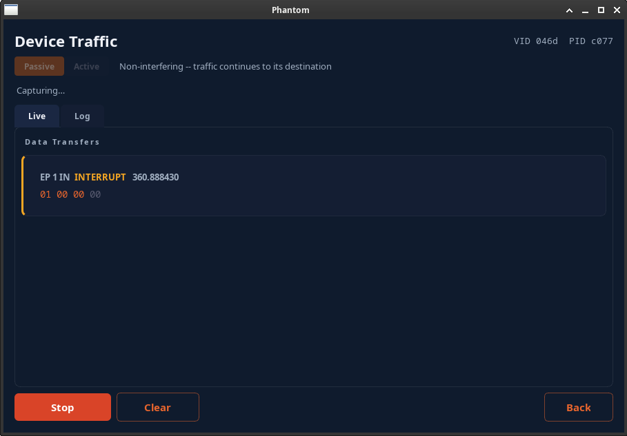 Phantom capturing USB traffic in real time